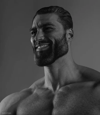 Black and white photograph of a muscular bearded man.